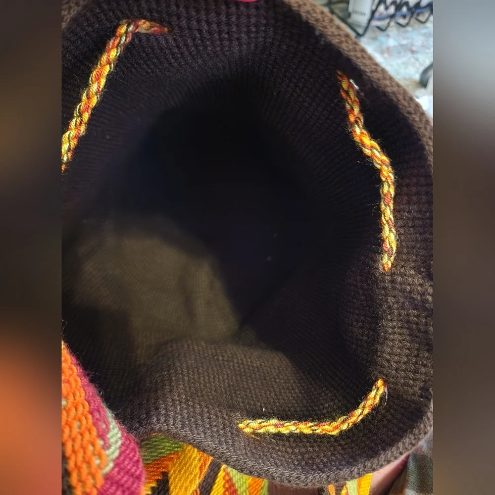 Hand Knit Wiven Brown Orange Buckwt Crossbody Bag - Picture 8 of 13